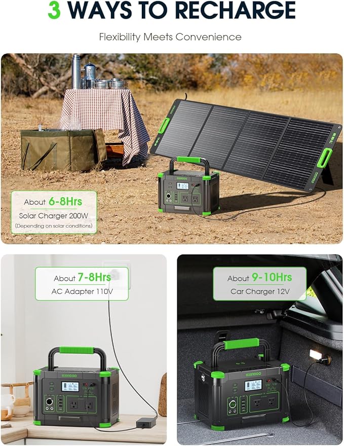 Portable Power Station 1000W (Peak 2000W), 999Wh Solar Generator with 110V Pure Sine Wave AC Outlet, 60W USB-C PD, 10 Ports for Camping RV Van Home Backup Emergency Off-Grid Living