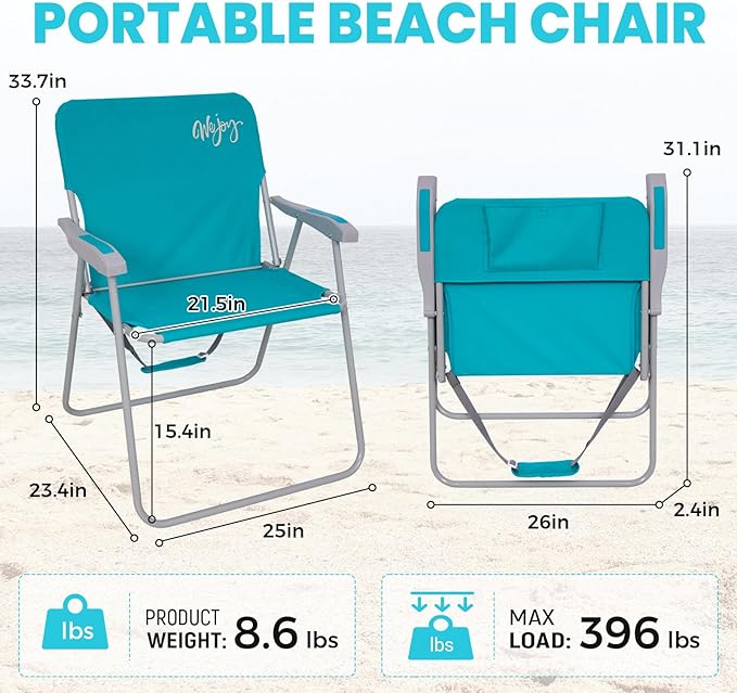 #WEJOY Folding Beach Chair for Adults, Lightweight Beach Chair with Shoulder Straps, High Back Camping Chairs with Hard Armrest, Supports 300lbs for Outdoor Lawn Concert