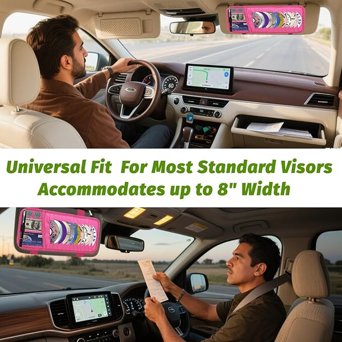 Car CD & DVD Holder - Large Capacity CD Visor Case, Vehicle Visor Storage Organizer with 12 Disc Sleeves, 1 Mesh Pocket 1 Pen Holder and & Elastic Band (Pink)