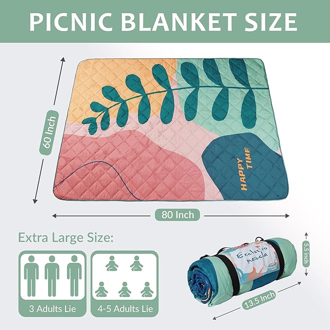 Exclusivo Mezcla Waterproof Picnic Blankets 60x80 Inch, 3 Layer Extra Large, Sandproof and Foldable Outdoor Blanket for Beach Camping, Park and Travel