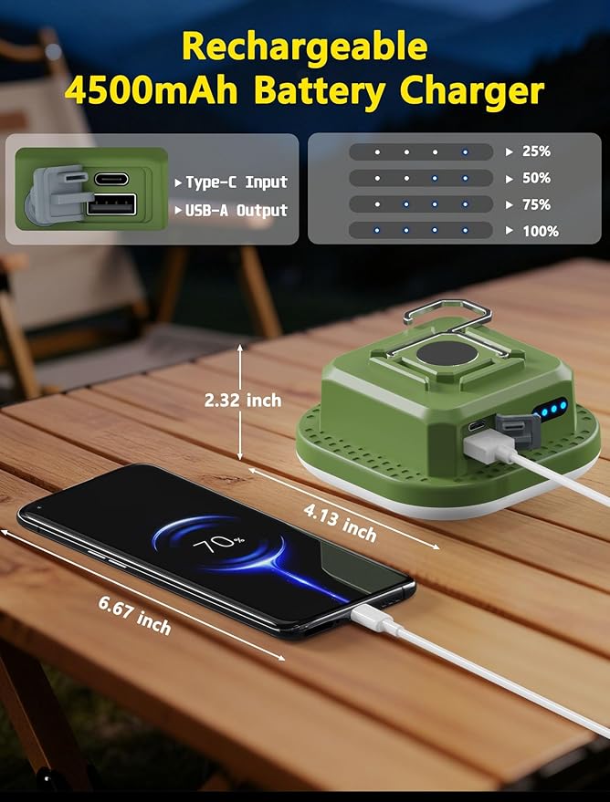 Rechargeable Camping Lantern, 800LM LED Tent Light with 4500mAh Battery & Magnet, IP54 Waterproof, Stepless Dimming, 5 Modes for Camping, Hurricane, Outdoor