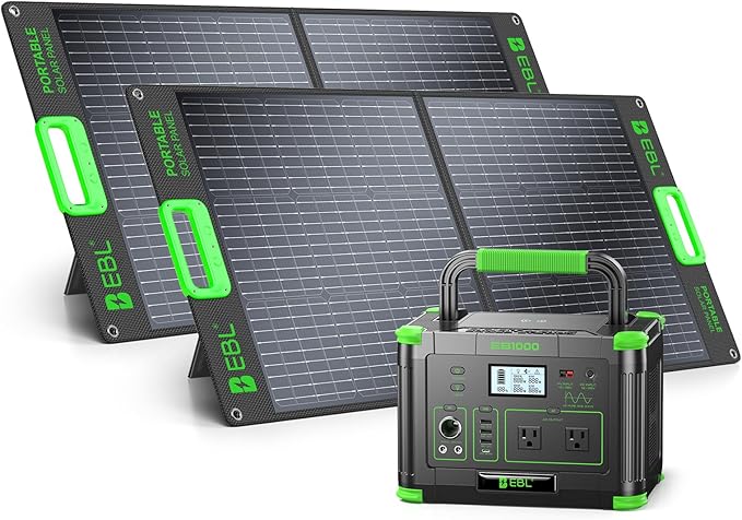 EBL 1000W Portable Power Station With 2x 100W Solar Panels, 999Wh Backup Lithium Battery, Pure Sine Wave AC Outlet, 60W PD Fast Charge Solar Generator Set for Outdoor Emergency Camping Travel Off-grid