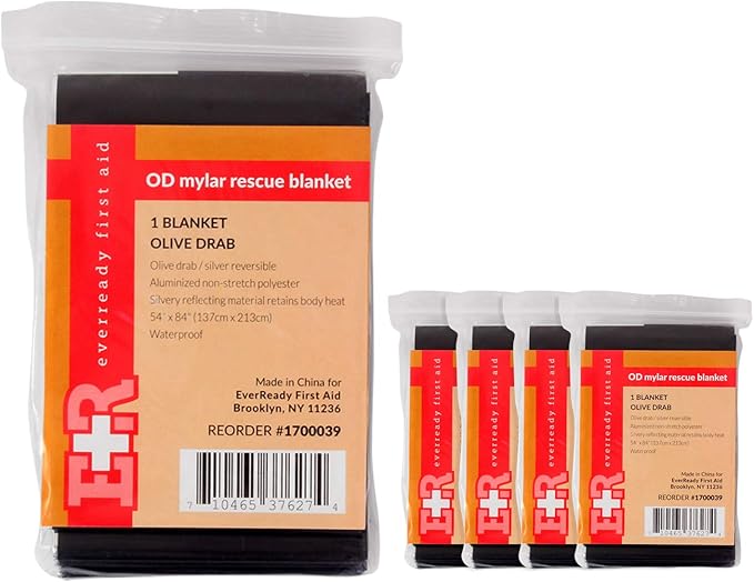 Ever Ready First Aid Mylar Rescue Blanket, Large Olive Thermal Sheet for Emergency and Survival, 54” x 84” – 5 Count