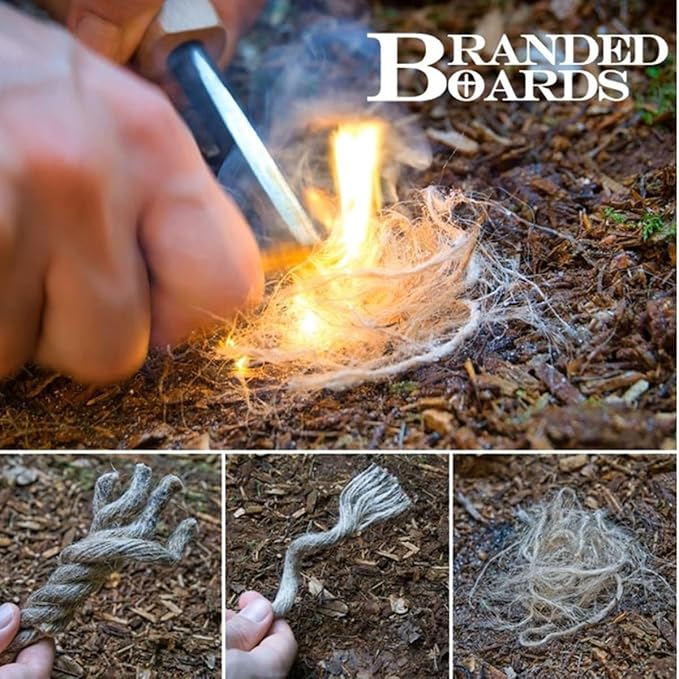 Bushcraft Fire Starter Kits. Ferrocerium Rod, Multi Tool Fire Striker, Waterproof Waxed Jute Rope Tinder, Survival Paracord, Emergency Whistle, Burlap Bag