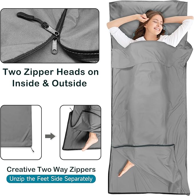 Sleeping Bag Liner, Ultralight Silky Satin Adult Sleep Sack & Self Tan Sleep Sack with Two-Way-Zipper, Single Camping Sheet & Travel Sheets for Hotel