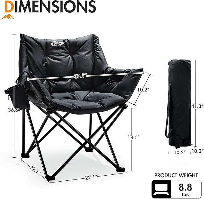 Portal 33" Oversized 2 Pack Padded Camping Chair - Heavy Duty Folding Chair with Cup Holder & Side Pocket, Supports 350 lbs, for Camping, Lawn, Sports, Black