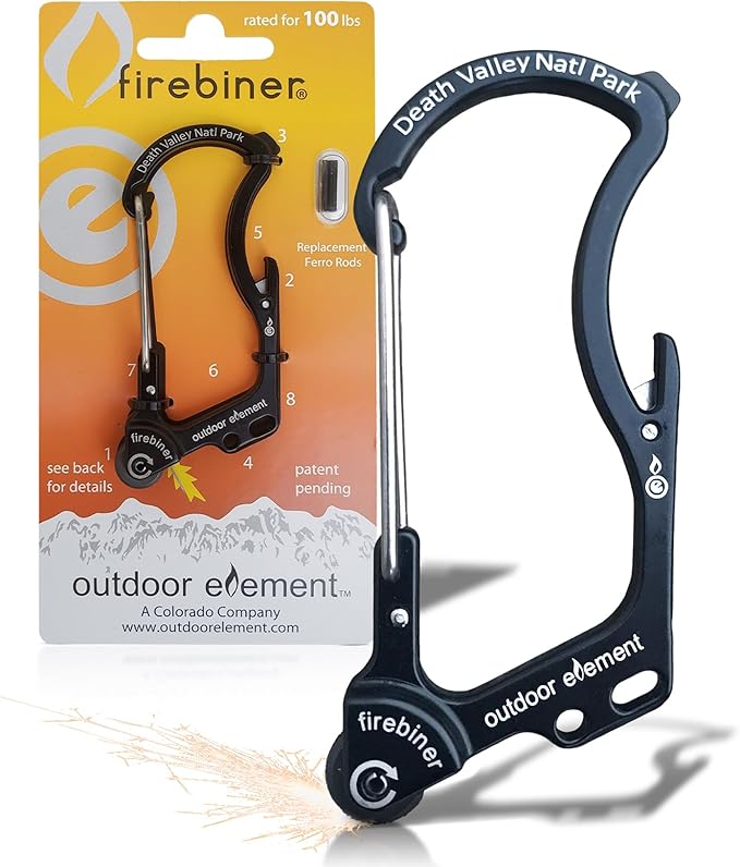 OUTDOOR ELEMENT Firebiner Custom Engraved 6-in-1 Fire Starter Carabiner Multitool – Survival Gear EDC Keychain with Utility Blade, Bottle Opener, Screwdriver, Emergency Tool
