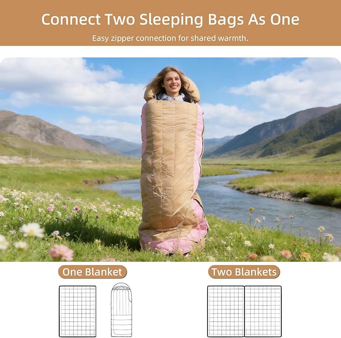 3-in-1 Down Sleeping Bag for Adults with Detachable Hood, 32°F 45°F Rectangular Lightweight Down Blanket Sleeping Bag for Camping Hiking and Backpacking Outdoor and Indoor 4 Season