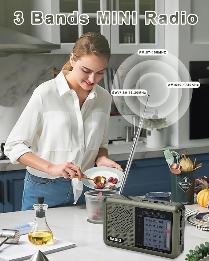 3 Band Mini Pocket Radio with Rechargeable Battery, Portable FM AM Shortwave Radios, Type C Charging Transistor SW Radio with 3.5mm Earphone Jack for Elderly Kids