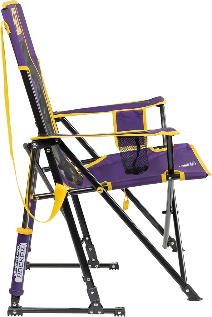 GCI Outdoor Comfort Pro Rocker Camping Chair | Portable Folding Rocking Chair with Durable Armrests & Drink Holder | Official Collegiate Licensed Sideline Sports Chair | LSU Tigers