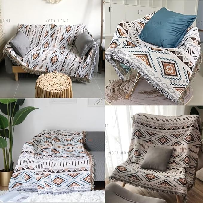Lqprom Boho Throw Blankets Knit Bed Blankets with Tassel Aztec Western Throws Cover Farmhouse Decor for All Season Sofa Couch Chair Outdoor Camping Picnic Tent Beach Car Traveling 71"x91"
