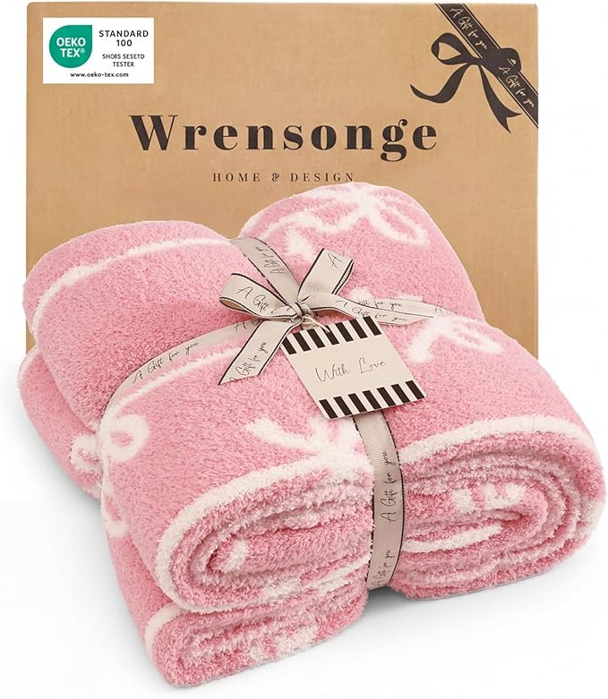 WRENSONGE Bow Throw Blanket Pink Soft Cozy Fluffy Warm Throw for Couch Sofa Bed Camping Picnic Travel Lightweight - 50"*60"