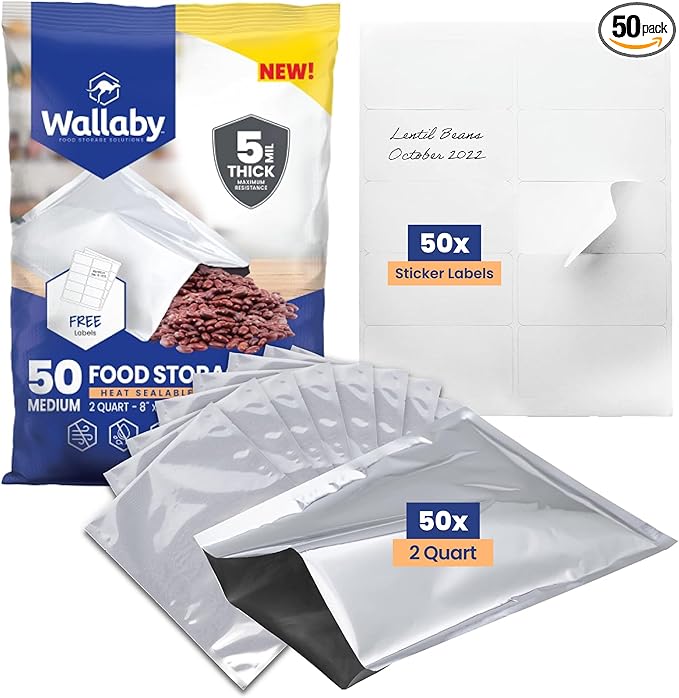 Wallaby 50 Count 2-Quart Mylar Bags with Labels, 10 Mil Total Thickness Long-Term Food Storage Pouches, 8x12 Heat-Sealable Airtight Packaging - Silver