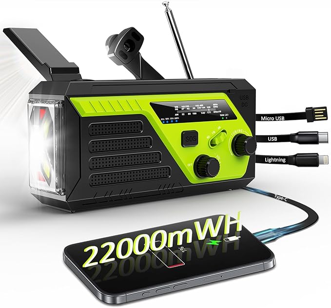 Weather Radio 22000mWh AM FM NOAA Emergency Radio with 4 Charging Cables, Flashlight, Reading Light, SOS Alarm, Phone Charging Hand Crank Radio for Home Outdoor Emergencies.