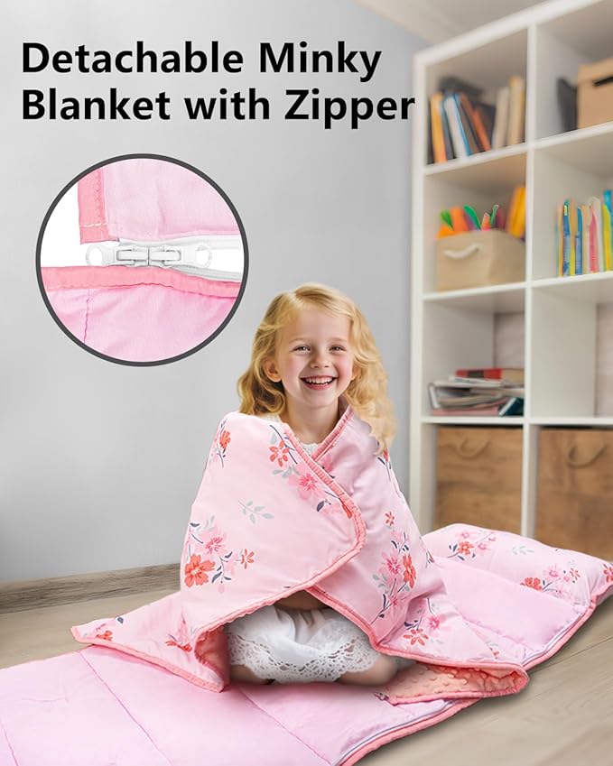 Primlect Toddler Nap Mat with Detachable Blanket and Removable Pillow, Kids Sleeping Bag 55''x35'' for Daycare Preschool Kindergarten, Toddler Sleeping Mat for Boys and Girls