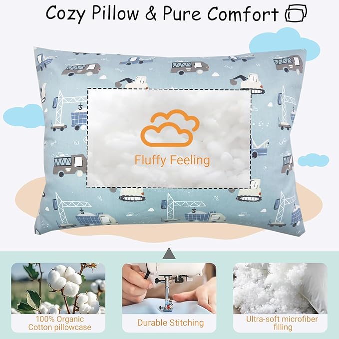 ZPECC Toddler Pillow with Pillowcase - 13x18 Organic Cotton Hypoallergenic Kids Pillow, Baby Essentials for Travel Crib Daycare Stroller (Intended for Age 2 and up) Truck