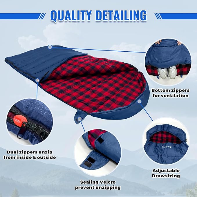 Keencamp 0 Degree Sleeping Bag Cotton Flannel Winter Cold Weather for Adults XXL Sleeping Bag 4 Season Big and Tall with Pillow Compression Sack