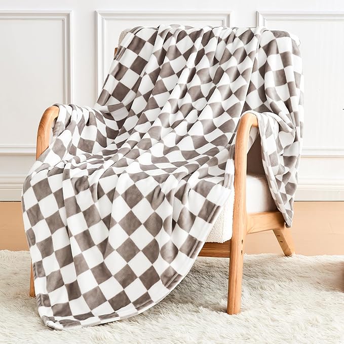 Edenleaf Light Grey Checkered Blanket, Ultra Soft Fluffy Fleece - Checkered Grid Print Throws for Couch Sofa Bed, Cozy Luxury Throw Blanket for All Seasons, 50x60 Inch, Cashmere Smoke