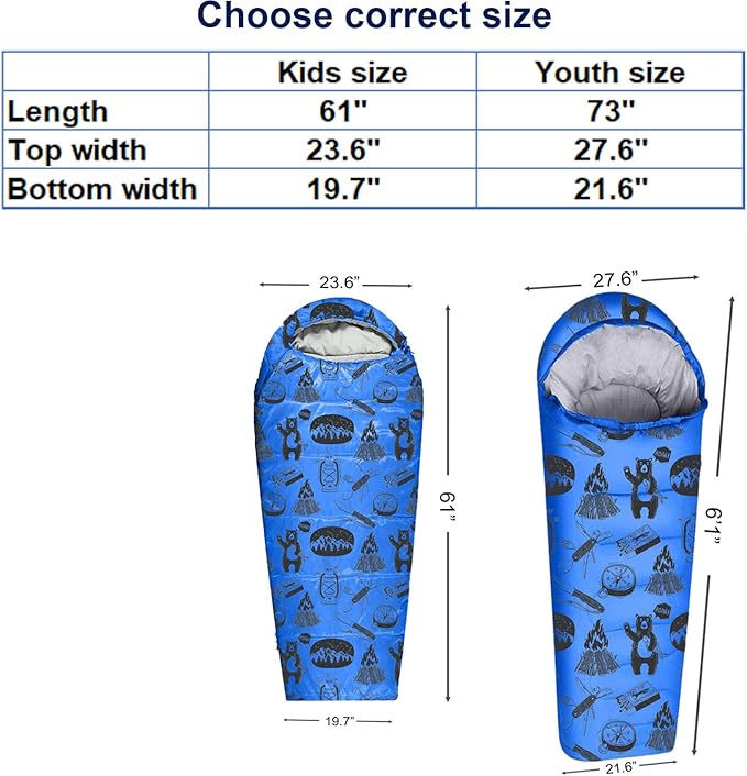 KidzAdventure Mummy Style 32 – 59F Kids Sleeping Bag with Pillow Sleeve, 4 Season, Lightweight and Backpacking Style, Ideal for Camping, Sleepover, Boys, Girls, and Youth