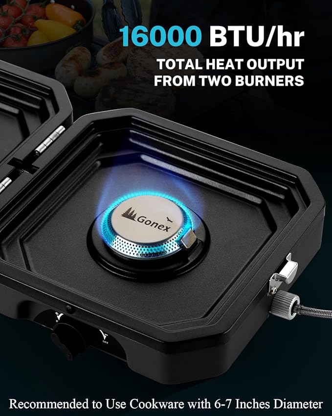 Gonex 2 Burner Propane Camping Stove with Griddle & Grates, Portable Foldable Cooking Stove with Total 16,000 BTU, Two Piezo Ignition Adjustable Burners for Camping, Patio, Emergency, Hiking (Black)