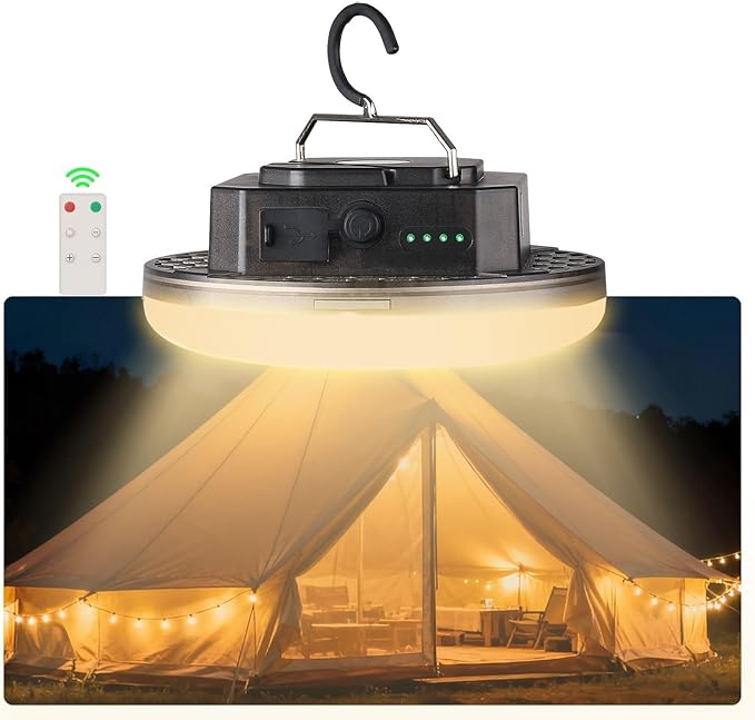 LED Rechargeable Camping Lantern 5000LM with Remote – 3 Color Modes & Stepless Dimming, USB-C in/Out, IPX5 Waterproof, Magnetic Hook, Portable Tent Light for Camping, Hiking & Glamping