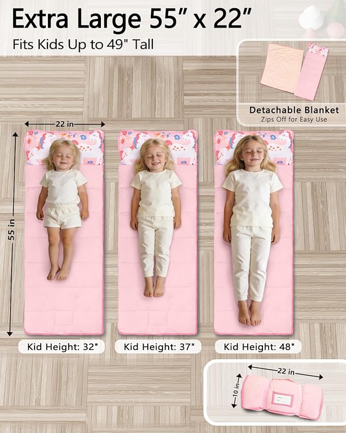 Primlect Toddler Nap Mat with Detachable Blanket and Removable Pillow, Kids Sleeping Bag 55''x35'' for Daycare Preschool Kindergarten, Toddler Sleeping Mat for Boys and Girls