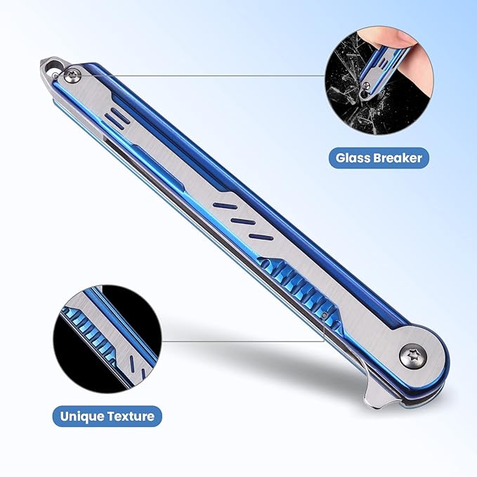 FUNBRO EDC Pocket Knife for Womens, Tanto Folding Knives with 7CR13Mov Stainless Steel Blade, Cool Survival Knife with Clip, Window Breaker, Flipper Open and Liner Lock for Outdoor Camping (Blue)