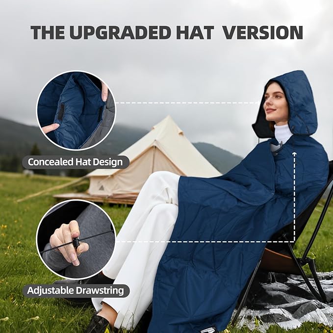 Large Outdoor Waterproof Blanket Extra Thick Fleece Stadium Blanket for Camping, Car, Pet, Picnics - Windproof, Wearable, Machine Washable 80" x 58" (Deep Blue,Hooded)