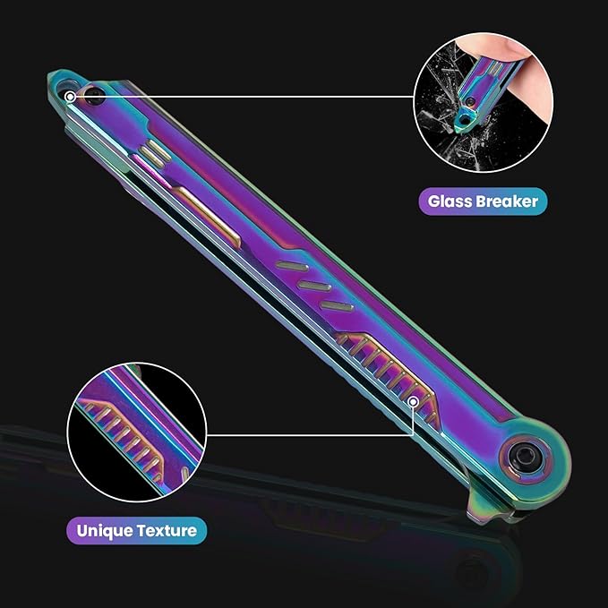 FUNBRO Rainbow Pocket Knife for Men & Women - EDC Folding Knives with Clip, Glass Breaker, Flipper and Liner Lock for Self Defense - Cool Survival Knife for Outdoor Camping