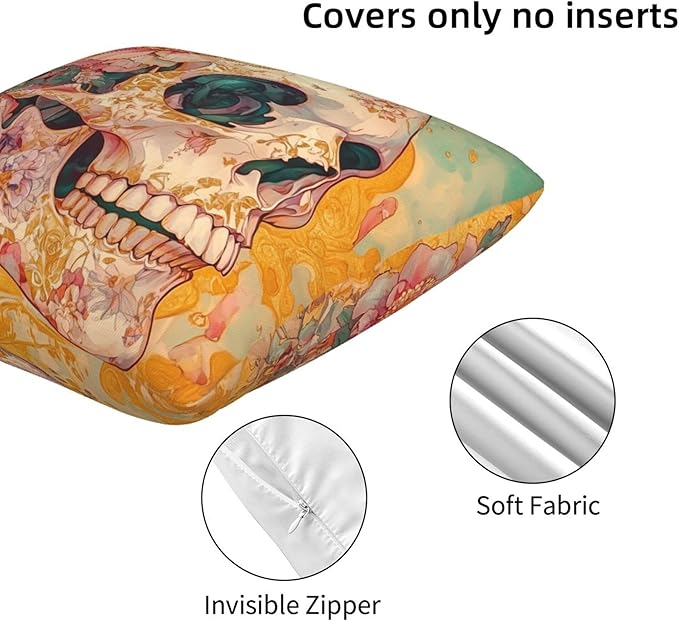 Skull Flower Throw Pillow Covers 18x18 inch Set of 2 Halloween Pillow Case Cushion Cover for Home Sofa Couch Living Room Car Decor