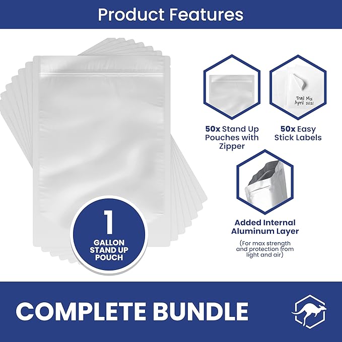 Wallaby 50 Count 1-Gallon Gusset Mylar Bags with Labels, 15 Mil Total Thickness Long-Term Food Storage Pouches, 14x10 Stand-Up Zipper Heat-Sealable Airtight Packaging - Silver