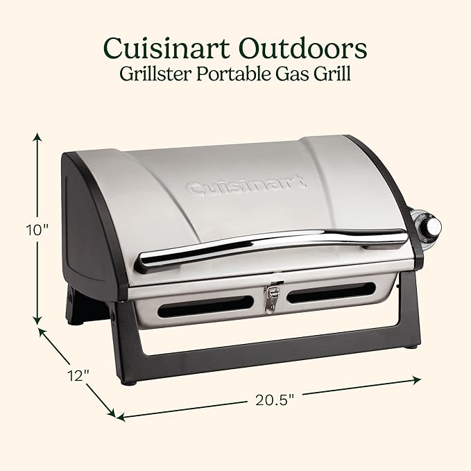 Cuisinart Grillster Portable Gas Grill, Stainless Steel Compact BBQ Grill with Locking Lid for Easy Transport, 8000 BTU Propane Grill with Dishwasher Safe Cooking Grate, Small Grill for Camping & BBQs