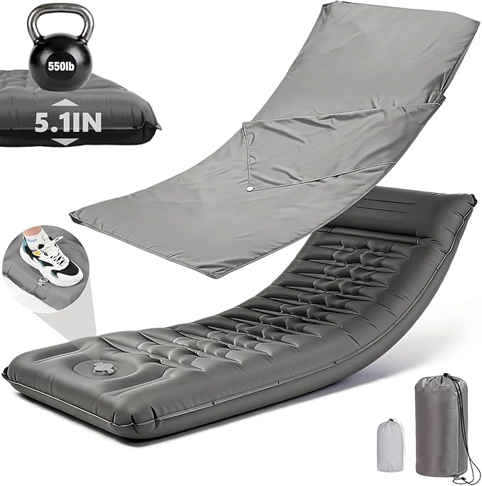 Extra Thick Camping Sleeping Pad – Self Inflating Camping Mat with Ultralight Sleeping Bag Liner, Backpacking Camping Pad with Pillow & Foot Pump for Outdoor Hiking, Tent, Travel (Gray)