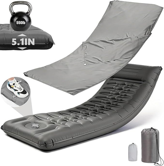 Extra Thick Camping Sleeping Pad – Self Inflating Camping Mat with Ultralight Sleeping Bag Liner, Backpacking Camping Pad with Pillow & Foot Pump for Outdoor Hiking, Tent, Travel (Gray)