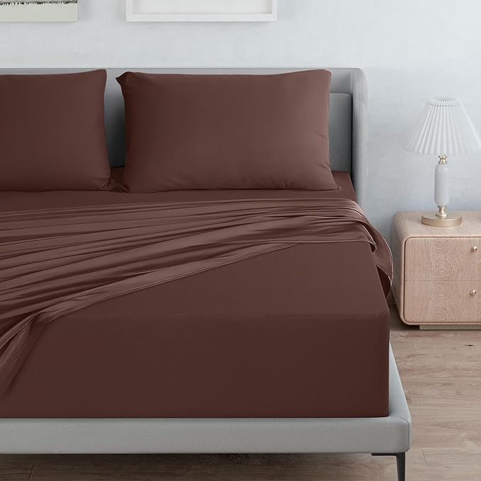 Moonsea Deep Pocket Full Sheet Set - Full Size Sheet Sets for Air Mattress - Breathable & Extra Soft Easy Fit 16in to 24in Mattress - 4 Piece Set - Brown Bed Sheets Set