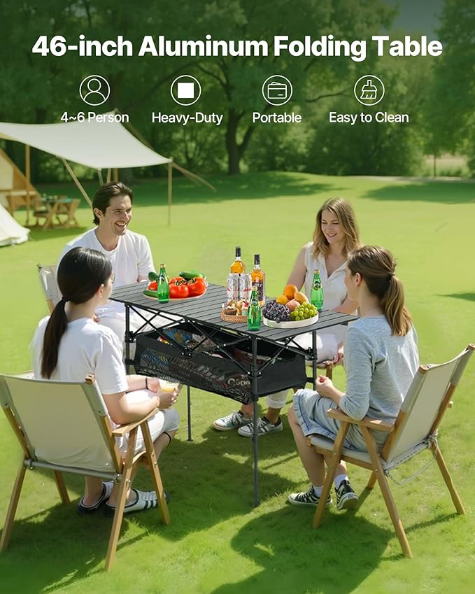 VEVOR Folding Camping Table, Portable Roll Up Side Tables, Lightweight Aluminum Beach Table for Outdoor BBQ Tailgating Picnic, Travel (47 inch-Black)