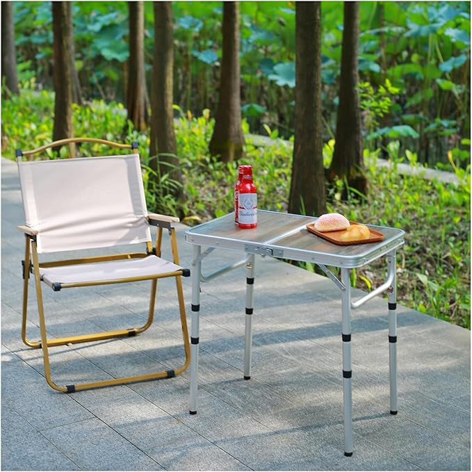 YihuiKo Small Folding Table, 3 Adjustable Heights Picnic Table, Outdoor Folding Table with Storage Mesh Layer, Portable Table for BBQ, Patio, and Indoor