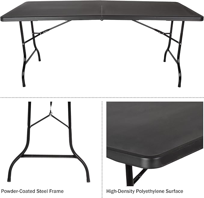 Lavish Home Portable Folding Tables - Lightweight Portable Folding Desk - 6-Foot-Long Plastic Table for Camping, Playing Cards, Parties, and Dining (Single/Black)