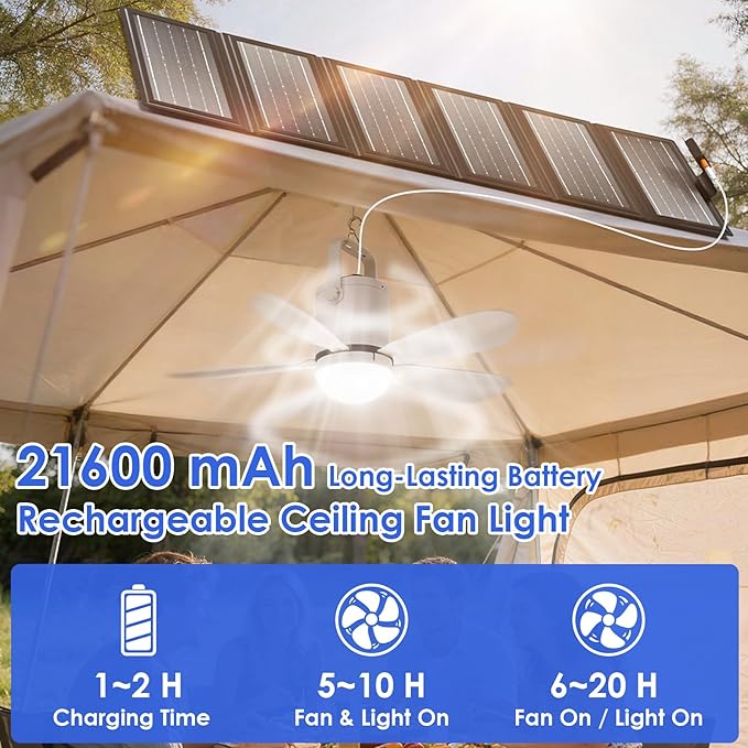 21” Solar Ceiling Fan Light with Foldable Solar Panel, Portable Solar Camping Fan Light Outdoor with Remote, Battery Operated Canopy Hanging Fan, for Outside Tent Porch Patio RVs Pergola