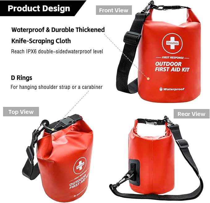 Waterproof First Aid Kit 186 Pcs Survival Gear, Portable Small Boat Dry Bag Bug Out Bags, Emergencies Medical Kit Ideal for Boating, Fishing, Hiking, Camping, Kayaking (Red)