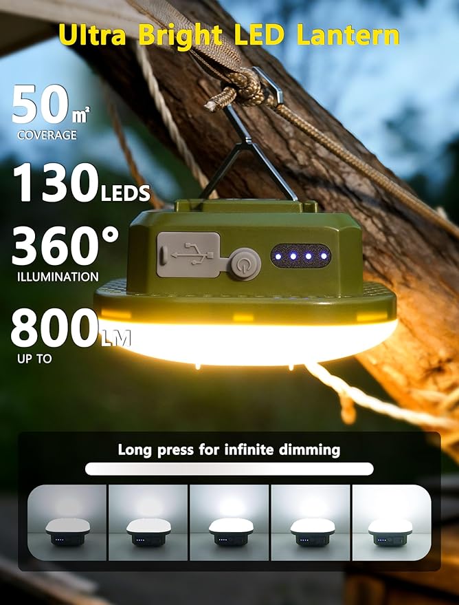 Rechargeable Camping Lantern, 800LM LED Tent Light with 4500mAh Battery & Magnet, IP54 Waterproof, Stepless Dimming, 5 Modes for Camping, Hurricane, Outdoor