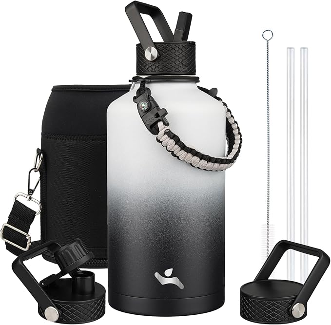 Konokyo Insulated Water Bottle with Straw,87 oz 3 Lids Water Jug with Carrying Bag,Paracord Handle,Double Wall Vacuum Stainless Steel Metal Flask,Day Night