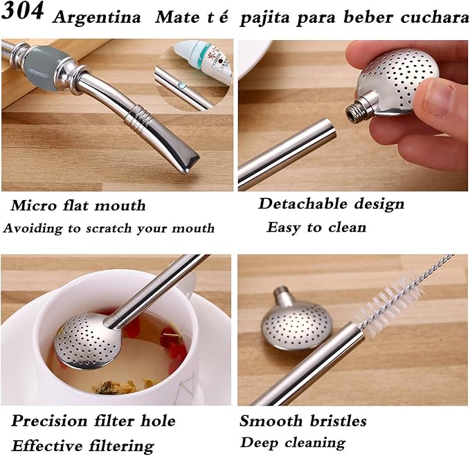 Set of 2 Premium big Yerba Mate stainless steel straws 8.2'' long - Bombillas for Mate gourd drinking,removable head filter, with Cleaning Brush (Gray-Black 2+1)