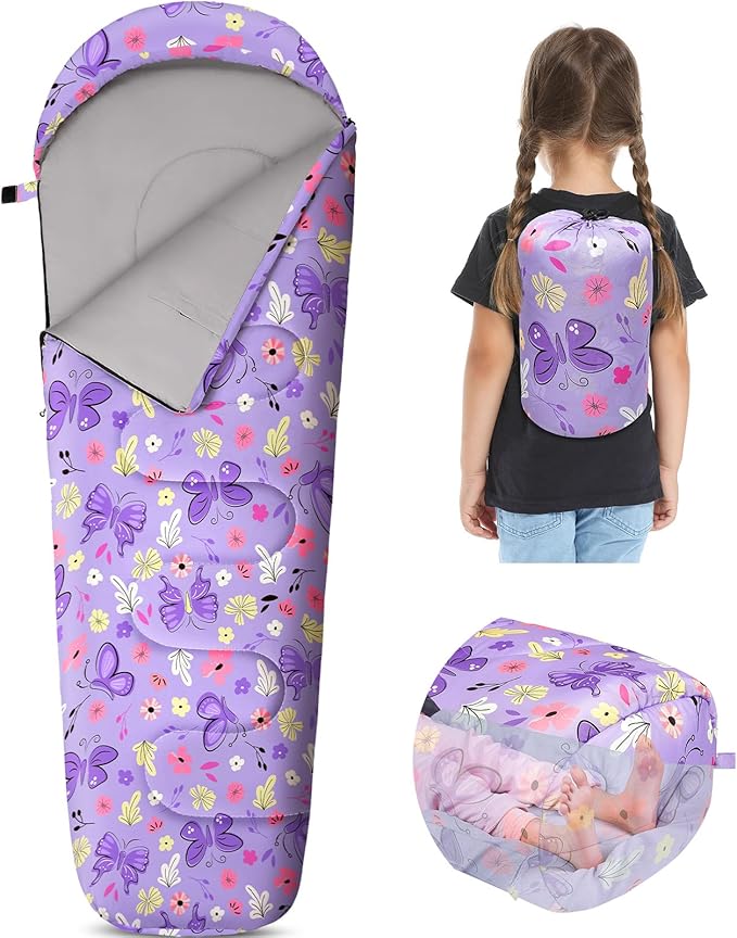 FIOBEE Kids Sleeping Bag for Girls Boys 3 Season Warm & Cool Weather Youth Camping Sleeping Bags with Backpacking Bag Waterproof for Traveling Hiking Indoor Outdoor Camping Essentials