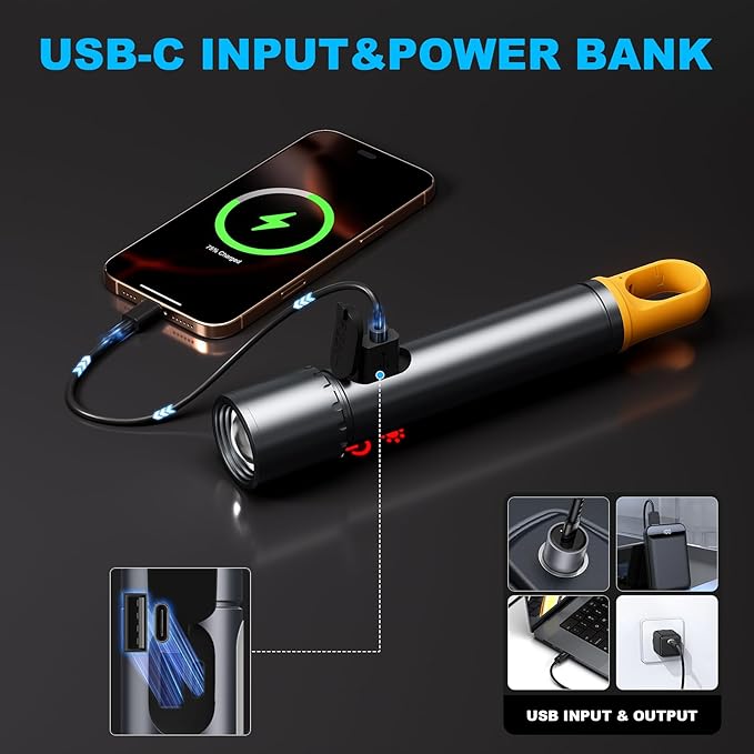 ADDplus Magnetic Flashlight Rechargeable,5000mAh Flashlights High Lumens with 9 Modes,Waterproof, Adjustable,Powerful Flash Light,Emergency Multi-Flashlights for Home,Car,Hiking,Camping (1, Black)