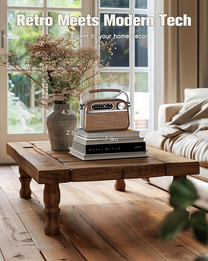 PRUNUS J-130 Retro Portable AM FM Radio AC Plug in Wall,Battery Operated/Rechargeable,Transistor Radios with Bluetooth,Vintage Wood Radio Support TF Card/USB Playing, for Dad and Mom