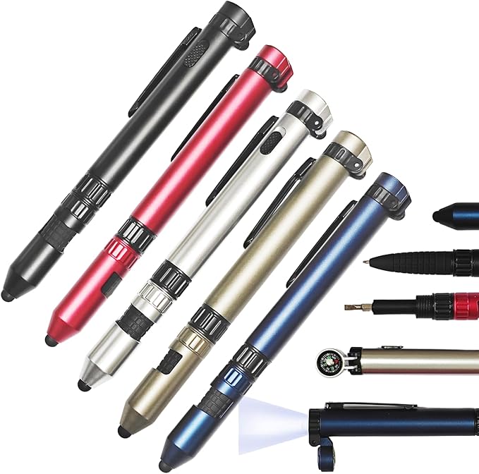 (5 pcs) LED Lighted Pen, Compass Multifunctional Ballpoint Pen with for Camping, Summer Camp, Hiking, Outdoor Activities, Emergency Survival Tool, Party Favor, Prizes and Incentives