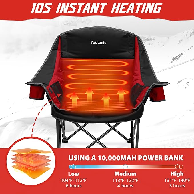 Youtanic Heated Camping Chair, 3 Heat Levels Oversized Padded Lawn Chair with Side Pockets and Cup Holder, Outdoor Heating Folding Camp Chair for Adults, Fishing, Sports, Picnic, up to 500lbs, Style 2