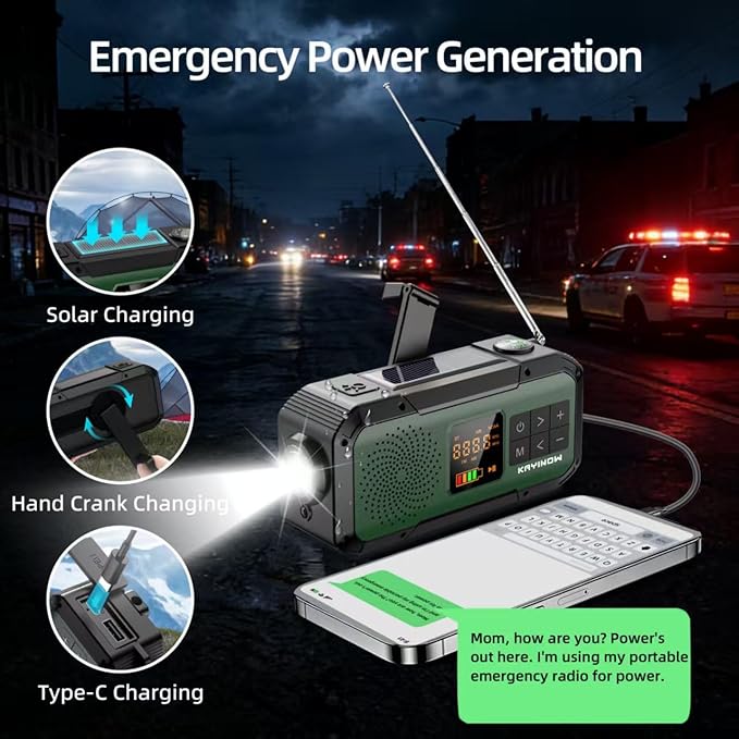 NOAA Weather Radio AM/FM,Portable 7400mWh/2000mAh Rechargeable Battery Operated with USB-C/Hand Crank/Solar Charging,Bluetooth Connectivity,Light,SOS Alarm,Ideal for Camping,Hurricane and Storm