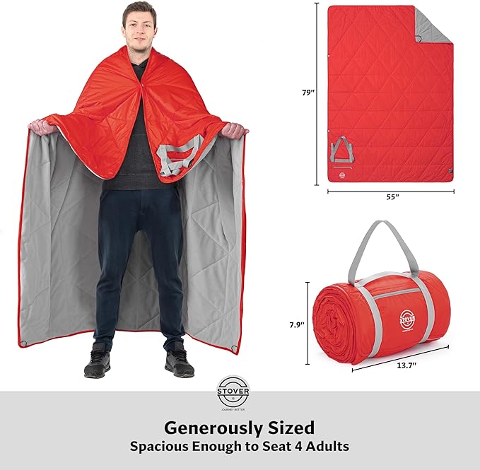 STOVER Large Waterproof Outdoor Stadium Blanket- Extra Thick Soft Fleece Camping Blanket for Travel, Picnics, Sports, Dogs 79"x55", Warm, Windproof, Sand-Proof, Lightweight, Packable (Sunset Red)